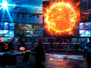 Modern control room with large screens displaying a bright sun and various data. High-tech environment suggesting space research, astronomy, or security operations. Futuristic and dynamic.