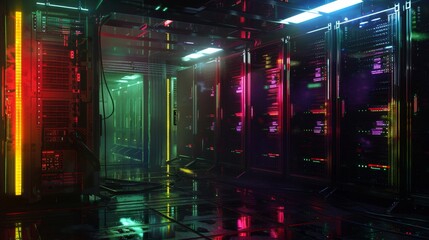 Futuristic Server Room with Neon Lights - Generative AI