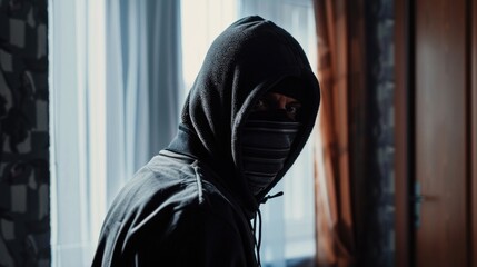 Man wearing black mask and hoodie in urban setting