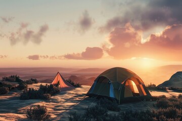 Tent camping at sunset in a grassy field