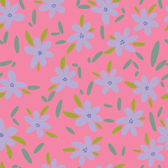 Seamless with violet daisy chamomile on pink background vector illustration. Cute hand drawn floral pattern.	