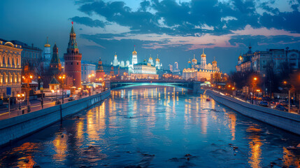 Obraz premium River flowing through the city center, with bridges, buildings and lighting.