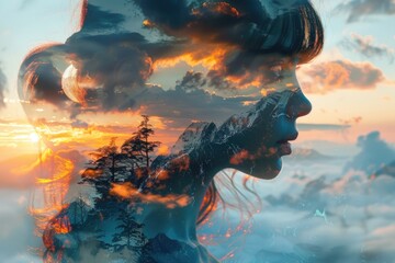Double Exposure Portrait of Woman with Tranquil Sunset and Majestic Mountain Landscape