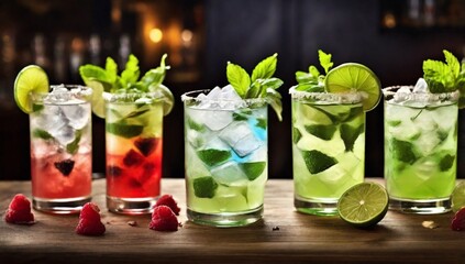 i want a cheerful photo with four cocktails, decorated in a sophisticated way. the first is gin, the second is margarita, the third is mojito, and the fourth is a bloody one. Everyone must be on a rac