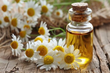 Small glass bottle with cork lid containing chamomile essential oil sitting on rustic wood surrounded by fresh chamomile flowers