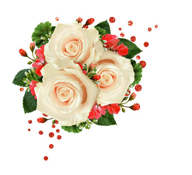 recommend clip art: Cream roses and red geranium flowers in a floral corner arrangement with glotter confetti isolated on white or transparent background