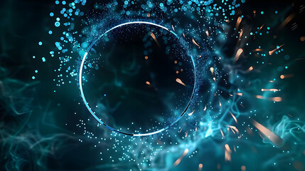 Vibrant neon turquoise light ring illuminating abstract fireworks against a dark background. Concept Neon Lights, Turquoise, Abstract, Fireworks, Dark Background