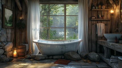Rustic Bathroom with a Scenic View - Generative AI