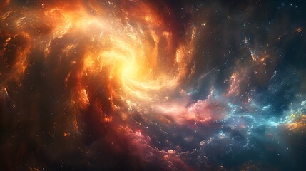 Abstract background of a colorful nebula in space, with vibrant colors of red, orange and blue, with a fantasy background