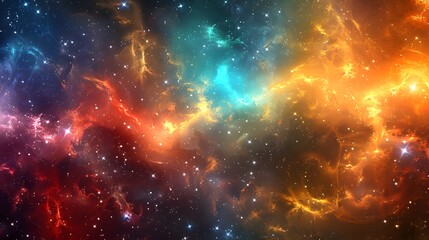 Abstract colorful background of nebula in space with swirling galaxies and stars, representing the concept of the universe, cosmos energy in the style of light orange and dark blue