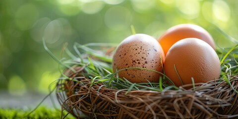Fototapeta premium Eggs in a nest on green grass