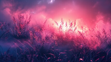 Grassy field at sunset with pink and purple sky