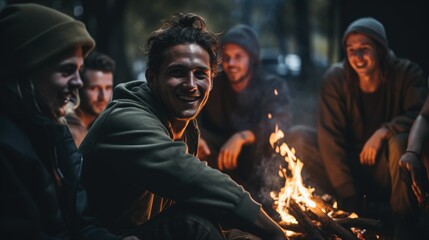 Obraz premium Group of Friends Enjoying a Night Campfire in Outdoor Forest Setting