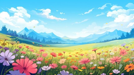 Fototapeta premium Idyllic landscape with colorful wildflowers in full bloom, rolling green hills, and majestic mountains. Concept of spring, summer, nature, and tranquility.