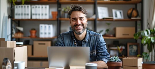 Smiling man working on laptop in home office