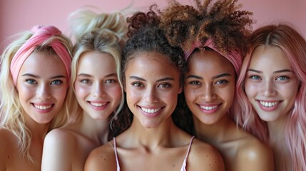 Fototapeta premium Diverse Women Smiling Together in Natural Beauty Portrait with Pink Background