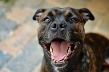 Obraz premium Happy tiger striped dog panting and looking at viewer