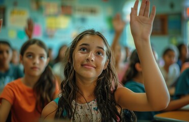 Fototapeta premium Middle school students sitting at desks in a classroom, raising hands eagerly to answer teacher's questions