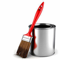 can with paint and brush on a white background