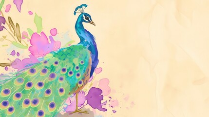 Fototapeta premium Watercolor painting of a vibrant peacock showcasing its colorful feathers against a soft floral background.