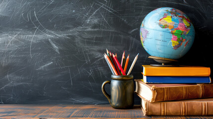 Back to School Concept. Earth Globe, Books, Notebooks, Colorful Stationery. Education and School Supplies. Blackboard Chalkboard Background for Learning. Stack of Books and Essentials on Wooden Table