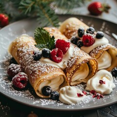 A plate of pancakes with blueberries and raspberries on top