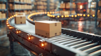 Cardboard boxes on conveyor belt in warehouse