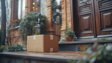 Cardboard box delivered to front porch in sunlight