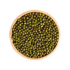Green mung bean seed in wooden bowl, top view