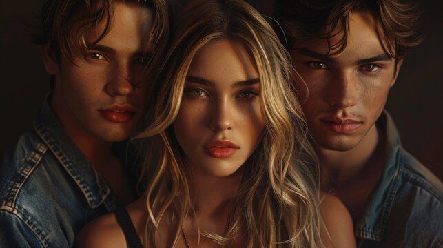 One beautiful girl and two men next to her.