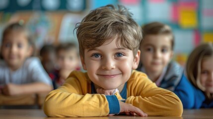 Obraz premium Young boy smiles in elementary school classroom