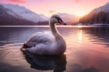 Fototapeta premium Elegant Swan on Serene Lake at Sunset with SnowCapped Mountains in the Background