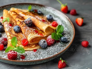 A plate of pancakes with blueberries and raspberries on top
