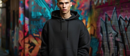 Confident Young Man in a Black Hoodie, Standing Alone Against Vibrant Urban Graffiti Wall