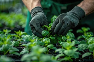 Gardeners hands tending to seedlings in a greenhouse