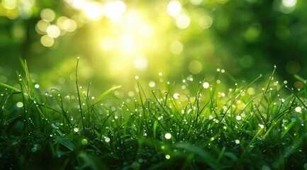 Obraz premium Dewy grass blades in morning sunlight