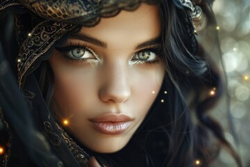 Fototapeta premium Enchanting Woman in Ethereal Black Veil with Sparkling Eyes and Shimmering Makeup