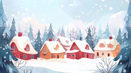 Fototapeta premium A picturesque winter village with colorful houses covered in snow, surrounded by pine trees and a peaceful snowy landscape.