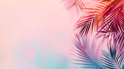 Obraz premium Tropical palm leaves in vibrant colors casting shadows on a soft, pastel gradient background. Ideal for summer, tropical, and nature-themed content. Suitable for invitations, cards, and design project