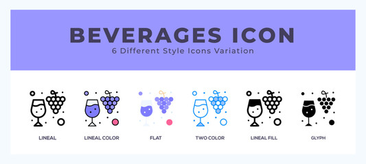 Beverages icon set with different styles. Icons designed in filled. outline. flat. glyph and line colored.