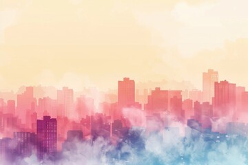 Abstract cityscape with colorful watercolor effect, showcasing modern urban buildings and a dreamy atmosphere in pastel hues.