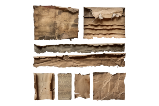 Retro and vintage torn paper strips set isolated on transparent background