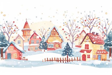 Charming winter village illustration with cozy houses, snow-covered trees, and a peaceful atmosphere. Perfect for holiday greeting cards.