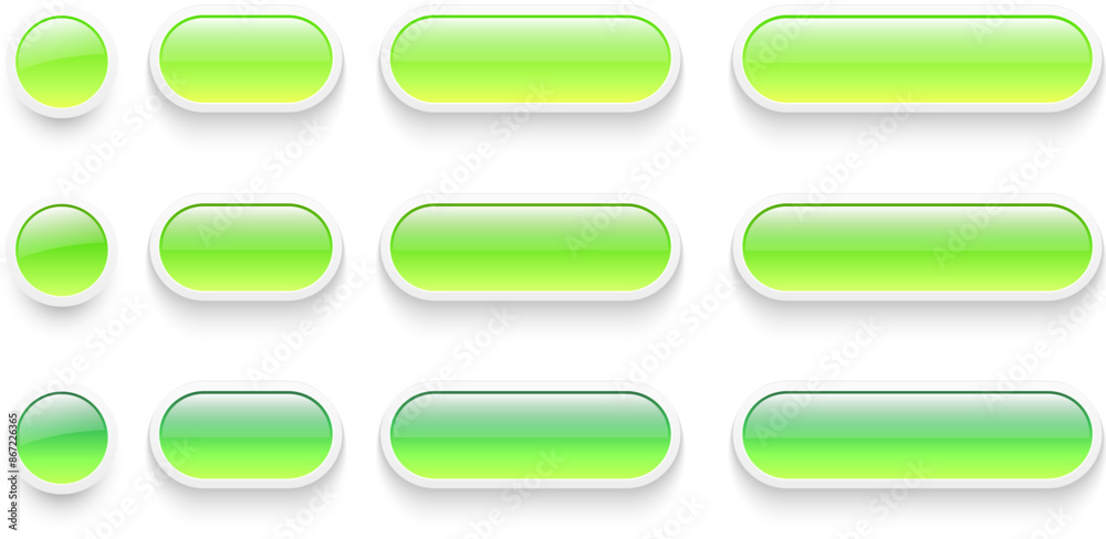Poster Buttons set for user interface, simple white green 3D modern buttons design for mobile, web, social media, business.