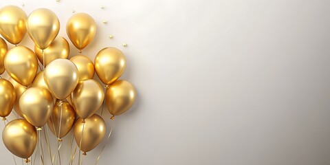 Festive golden balloons. Weddings, anniversaries, birthdays, graduation, corporate events. The concept of an exquisite and magical holiday. Copy space. Card, invitation, banner, flyer, background. 