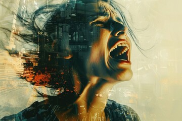 Woman shouting with smoke and sunset double exposure