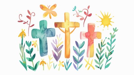 Colorful watercolor illustration featuring three crosses with surrounding flowers, plants, butterflies, and a sunny background.