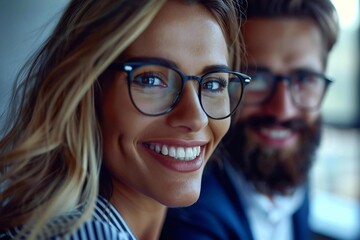 Two beautiful businesspeople, a smiling woman wearing eyeglasses and a well-groomed bearded man, having a successful interview in the office.