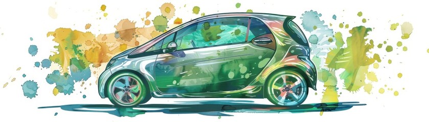 Fototapeta premium Colorful watercolor painting of a compact car with abstract splashes in the background, showcasing vibrant artistic expression and modern automotive design.