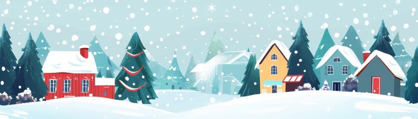 Illustration of a snowy winter landscape with colorful houses, tall pine trees, and falling snowflakes, creating a festive and cozy atmosphere.